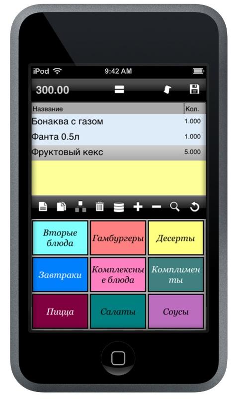 На фото изображен «R-Keeper Мобильный официант» на Apple IPod Touch.